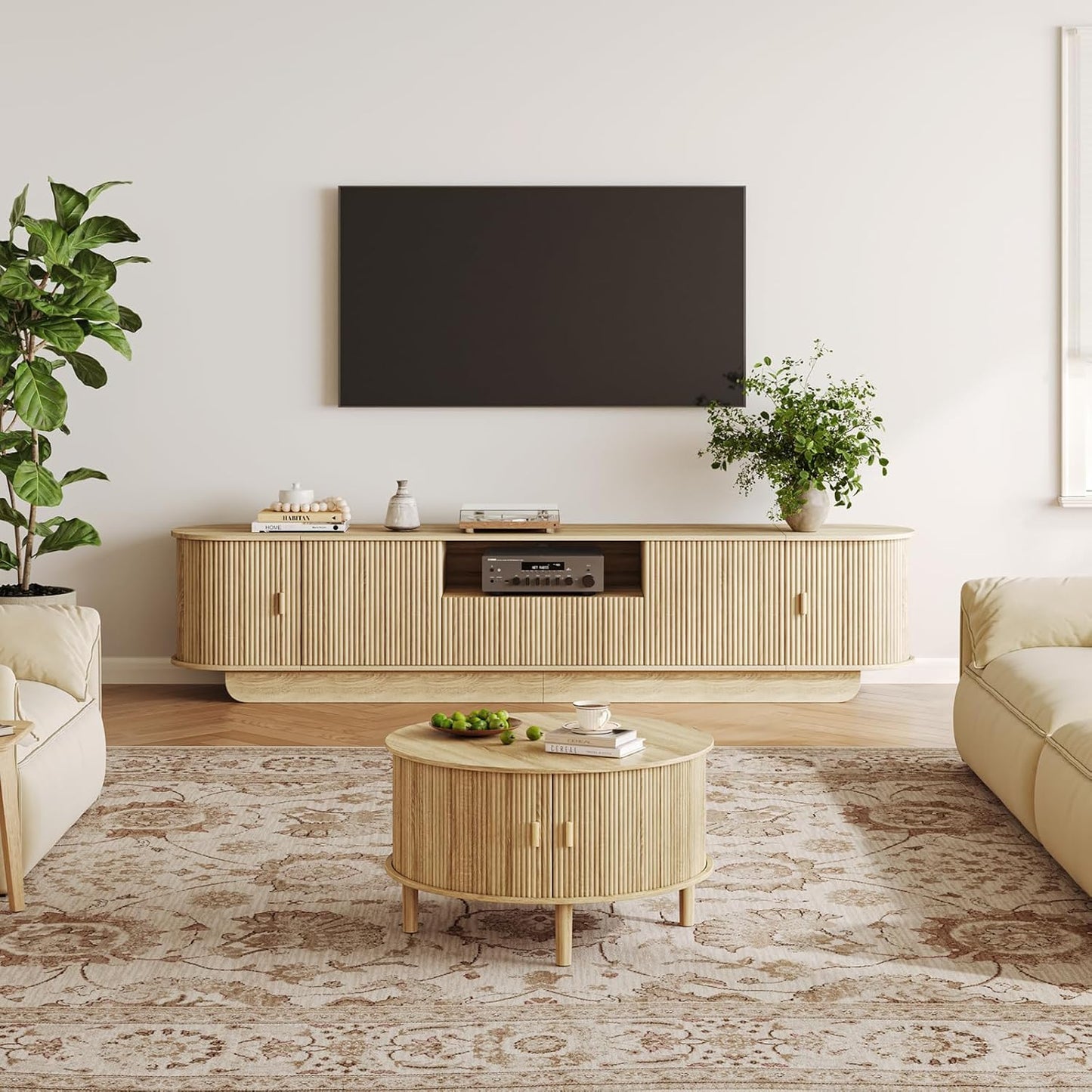 Coffee Table and TV Stand Set of 2, Round Center Table with Storage,Fluted Coffee Table with 360° Sliding Doors, 86.6" Entertainment Center for Bedroom, Living Room,Natural