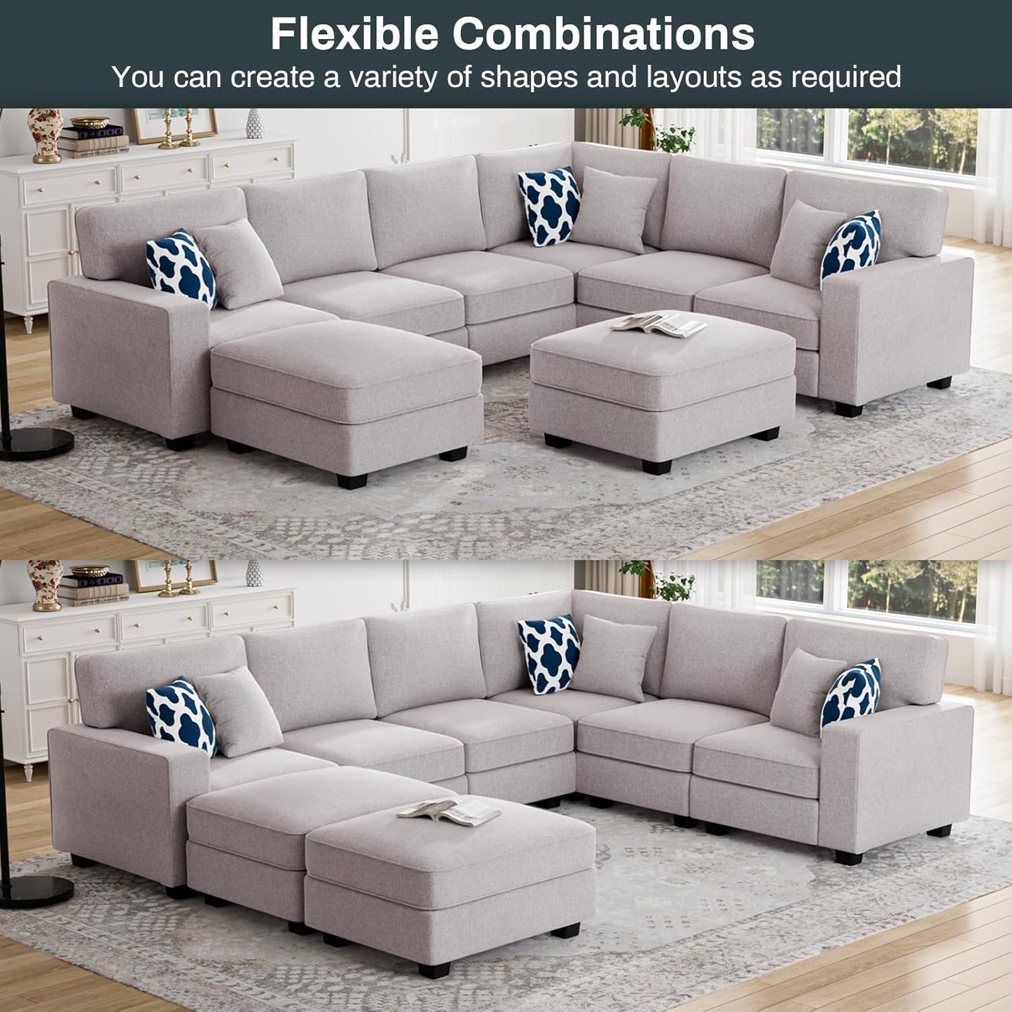 L Lengend Vansen Modular Sectional Sofa U Shaped Couch with Ottoman Modern Reversible Corner Sectional Couch for Living Room (Light Grey, U Shaped Sofa-3)