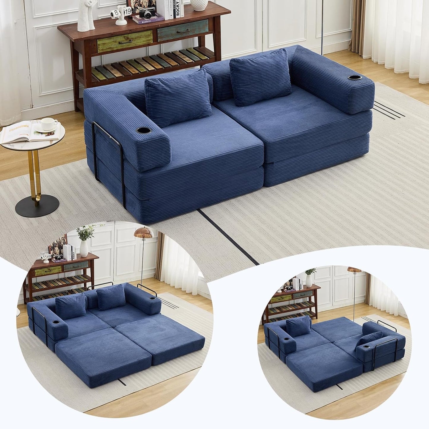 78" W Loveseat Sofa, 4 in 1 Convertible Floor Sofa Bed, Boneless Cloud Couch with Cup Holder, Fold Out Floor Couch, Loveseat Recliner Sleeper for Living Room Bedroom Lounge(Corduroy, White)