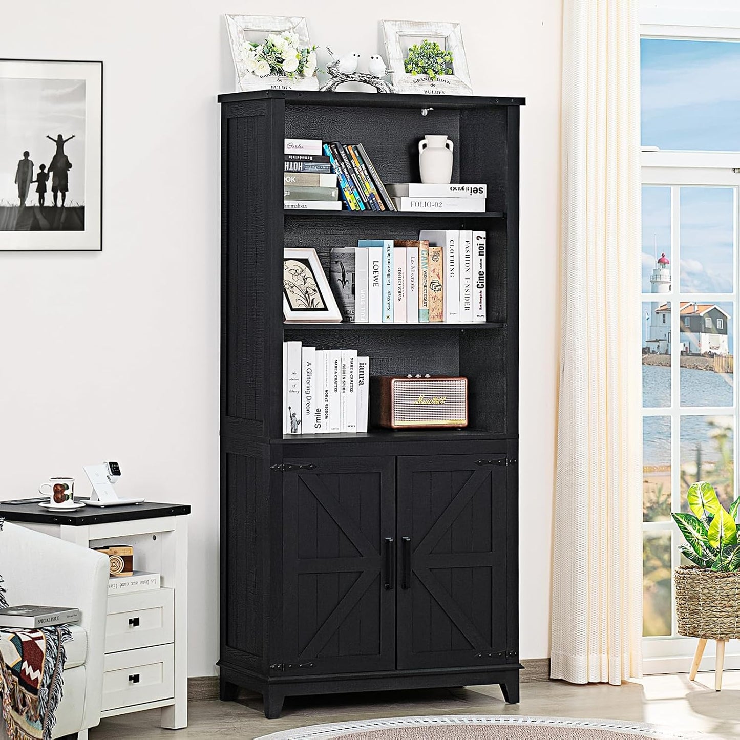 70in Tall Bookshelf 5 Tier Bookcase with Barn Doors and Adjustable Shelves, Black Farmhouse Book Shelf with Storage Cabinet, Wood Freestanding Display Bookshelves for Bedroom, Kitchen (3PCS)