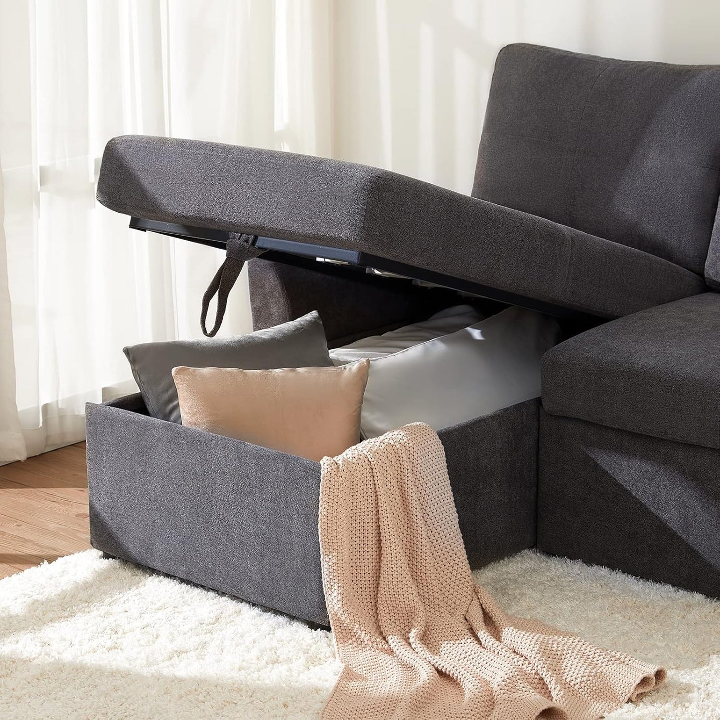 VanAcc Sleeper Sofa, Sofa Bed- 2 in 1 Pull Out Couch Bed with Storage Chaise, Sleeper Couch for Living Room, Grey Linen