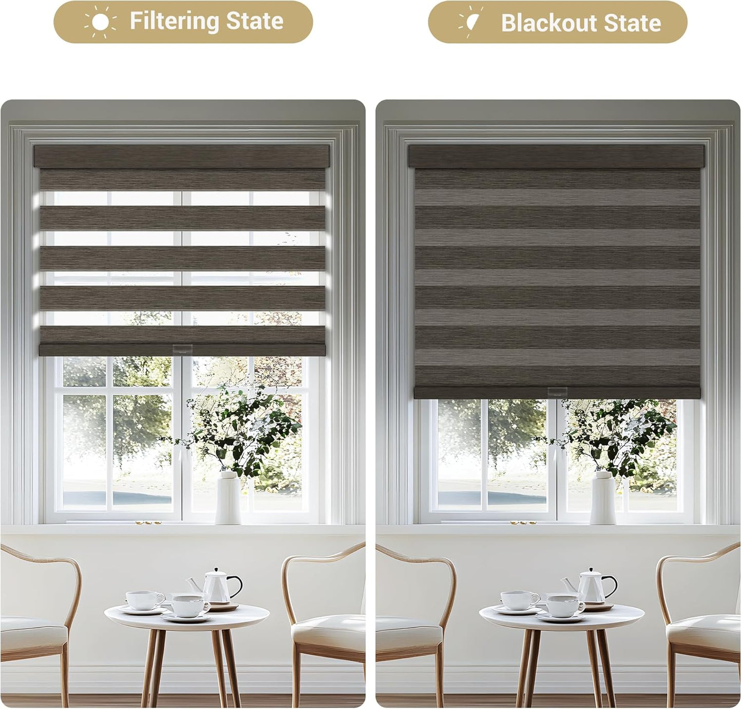 Cordless Zebra Blinds for Windows, Blackout Interior Blinds,Easy to Install,UV Protection,for Offices and Home,Custom Roller Shades, Mousse Dark Bown,20" W x 80" H