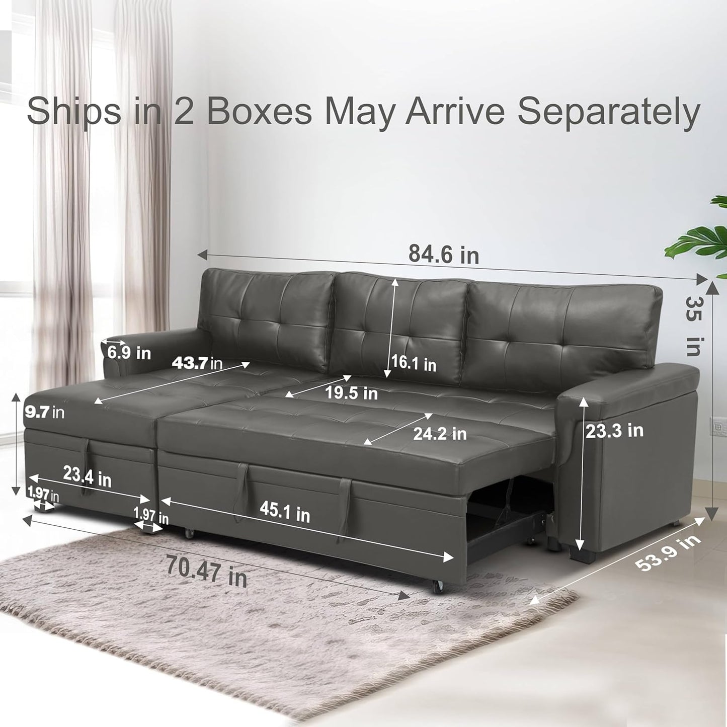 Naomi Home Modern Sectional Sofa with Storage Chaise Gray/Air Leather