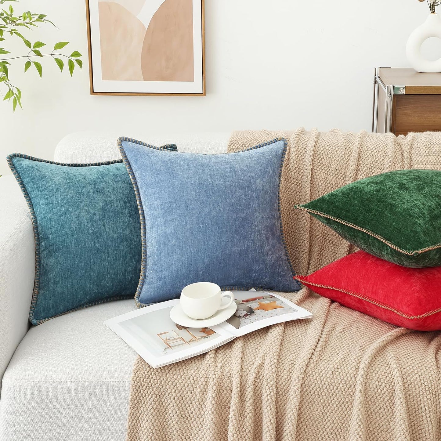 decorUhome Chenille Soft Throw Pillow Covers 24x24 Set of 2, Farmhouse Velvet Neutral Decorative Euro Pillow Covers with Stitched Edge for Couch Sofa Bed Home Decor, Teal