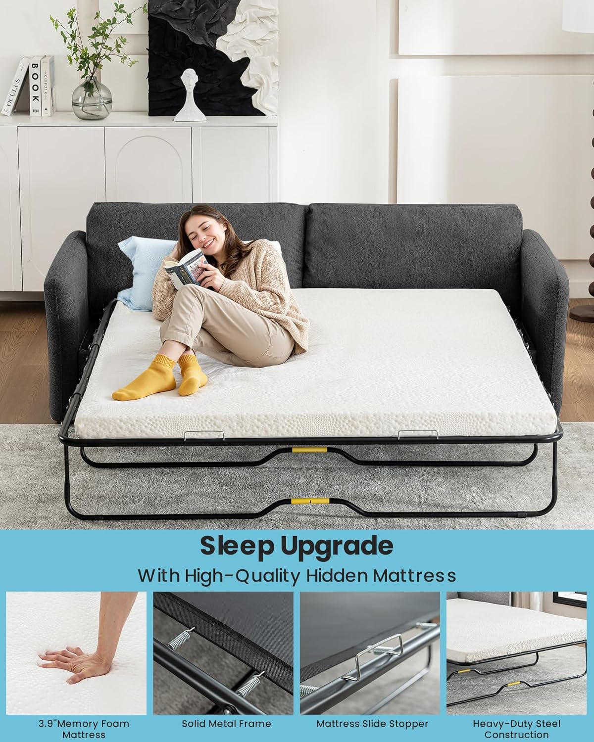 Queen Size Pull Out Sofa Bed, Convertible Sleeper Sofa Couch with Pullout Bed, 2 in 1 Sofa Bed Couch with Memory Foam Mattress for Living Room Office, Space-Saving, Dark Grey
