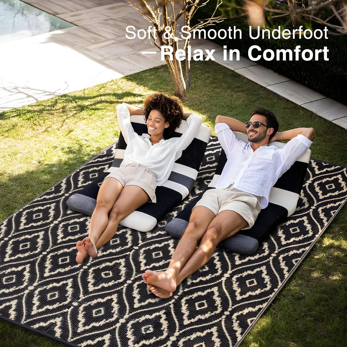 OLANLY Outdoor Rug 8x10 ft Waterproof, Outdoor Plastic Straw Rug with Geometric Pattern Clearance, Reversible RV Mat for Patio, Camping, Balcony, Deck, Backyard, Black & Beige