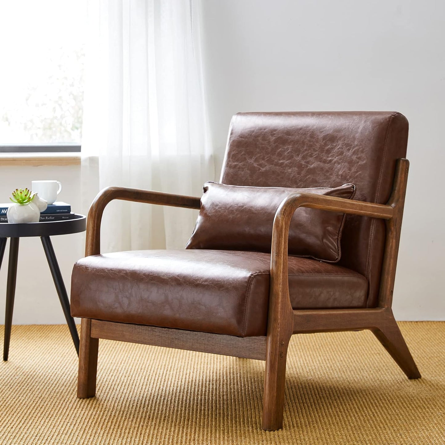 Glitzhome 30.75 "H Mid Century Coffee Accent Armchair, Single Reading Armchair PU Leather Lounge Chair with Walnut Ruberwood Frame