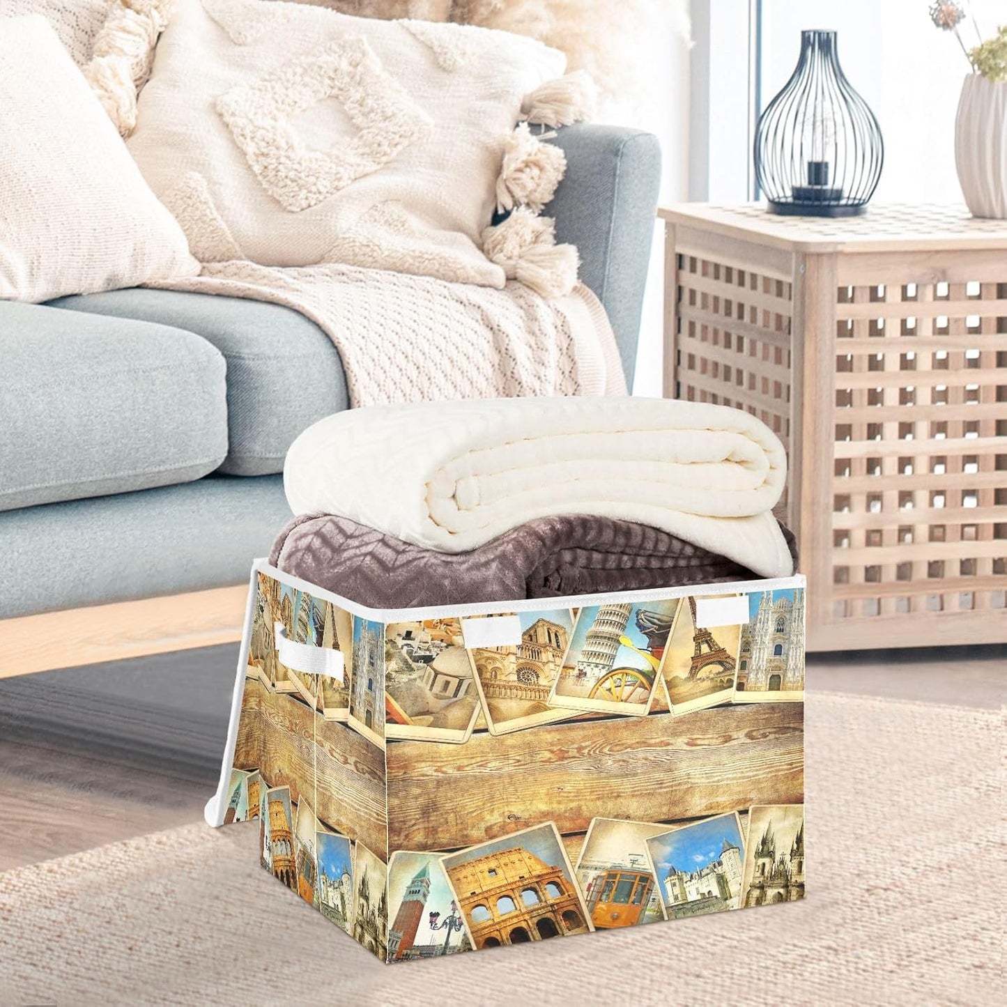 susiyo Vintage Parisian Attractions fabric storage baskets with lids,Collapsible Storage Boxes,Foldable storage boxes with handles for Home,Office,Closet Organization