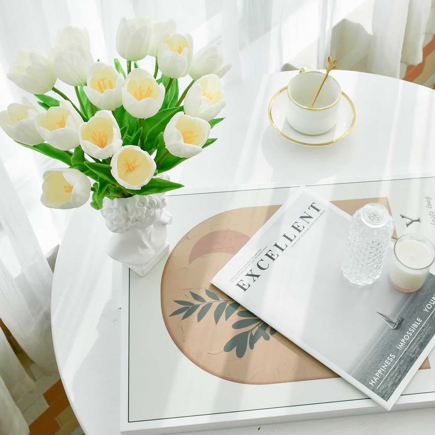 Mandy's Artificial Tulips 12 Stems White Partially Open PU Faux Flowers for Wedding Home Decor 13.5 Inch