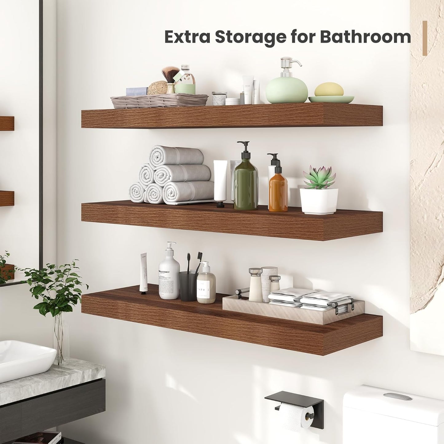 Heimlove 12 Inch Deep Floating Shelves, 48 x 12 inches Long Wall Shelf, Large Display Shelf & Storage Shelf, Rustic Wood Wall Shelves for Fireplace Mantel, Set of 2(Walnut)
