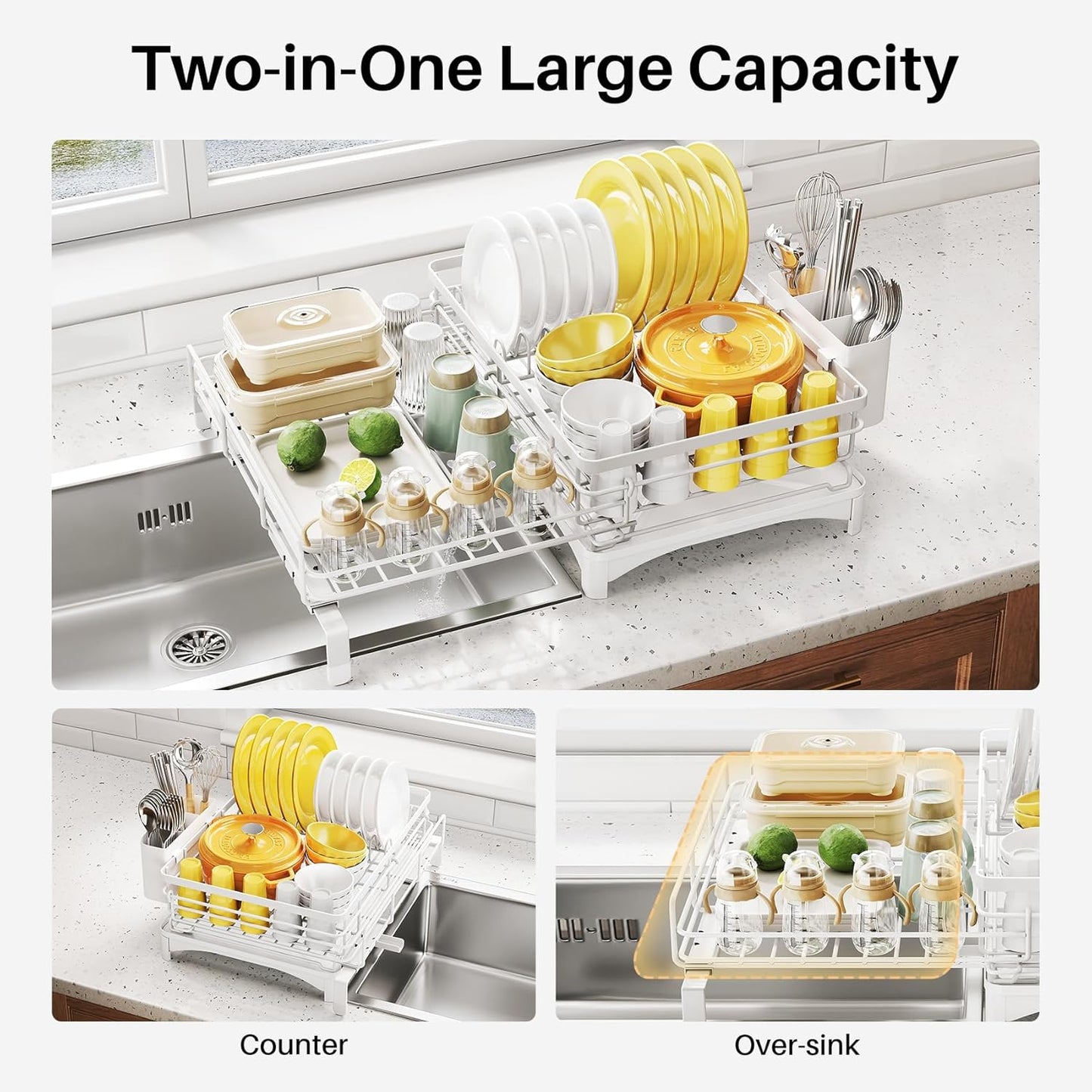 Dish Drying Rack - Extendable Dish Rack, Large Sink Drying Dish Drainer for Kitchen Counter, Stainless Steel Dish Strainer with Utensil Holder (White)