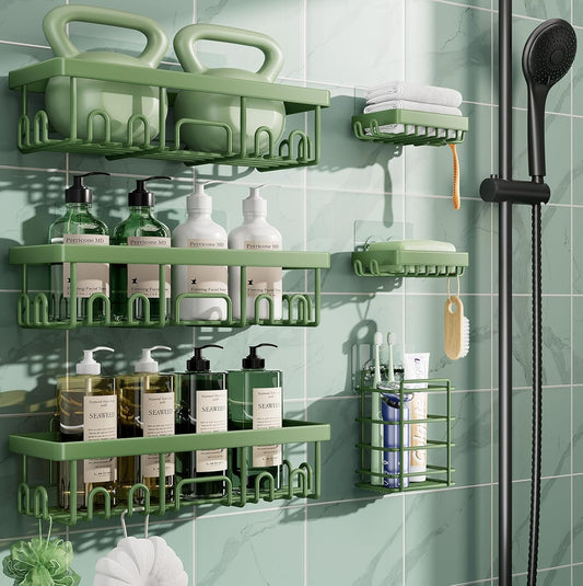Veken Rustproof & Waterproof Shower Caddy 6-Pack, No Drilling Adhesive Shelves Rack with Soap Holder, Large Capacity Bathroom Organizers and Storage, Wall-Mounted Kitchen & Home Decor