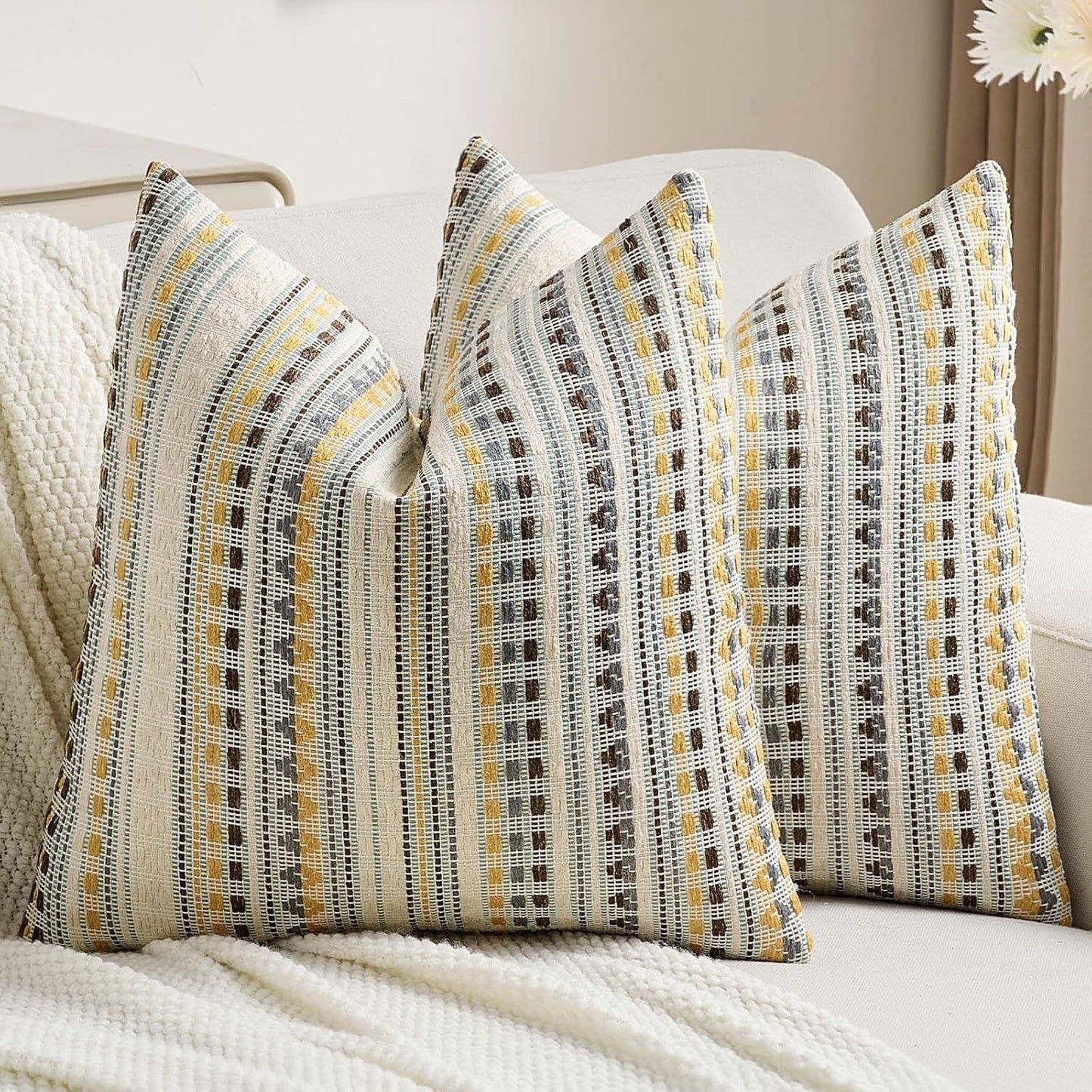 FUTEI Yellow Grey Decorative Throw Pillow Covers 18x18 Inch Set of 2,Soft Cozy Chenille Jacquard Textured Cushion Case,Boho Home Decor for Couch Bed Living Room