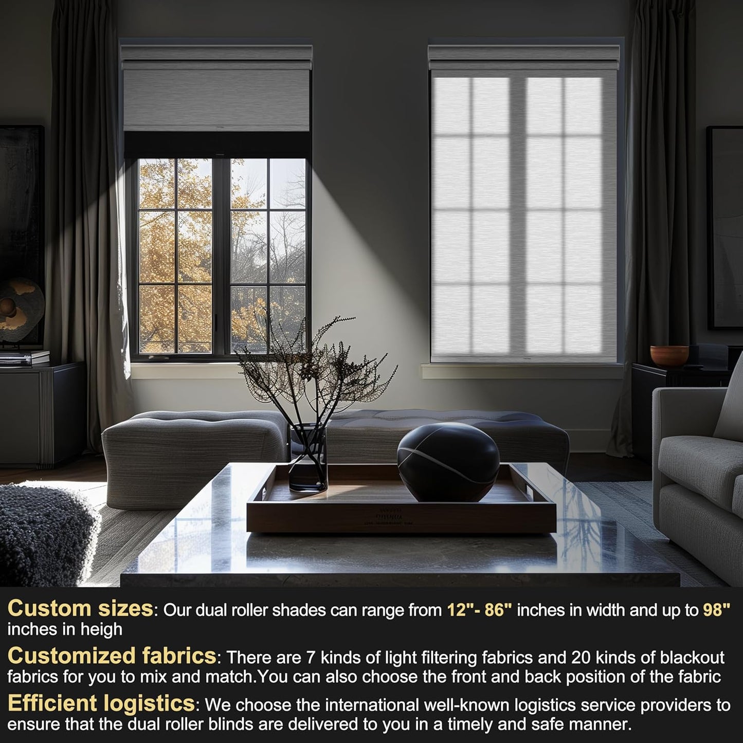 BERISSA Cordless Dual Roller Shades With Cassette Valance, Blackout and Light Filtering, Day and Night for Home Office Door - Linen Black and White, 39 W x 72" H