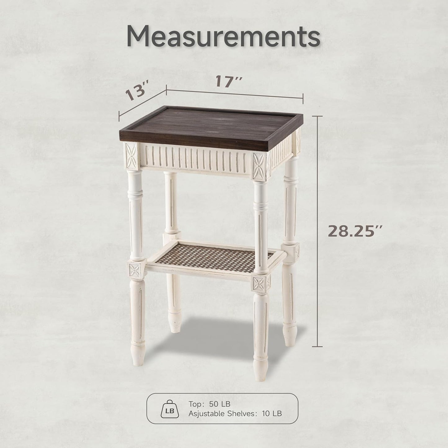 Rustic Farmhouse Cottagecore Accent End Table Set of 2, Distressed Accent Side Table with Espresso Tray Top and Woven Wicker Shelf, Boho, French Country Decor, Square, Weathered Brown & White