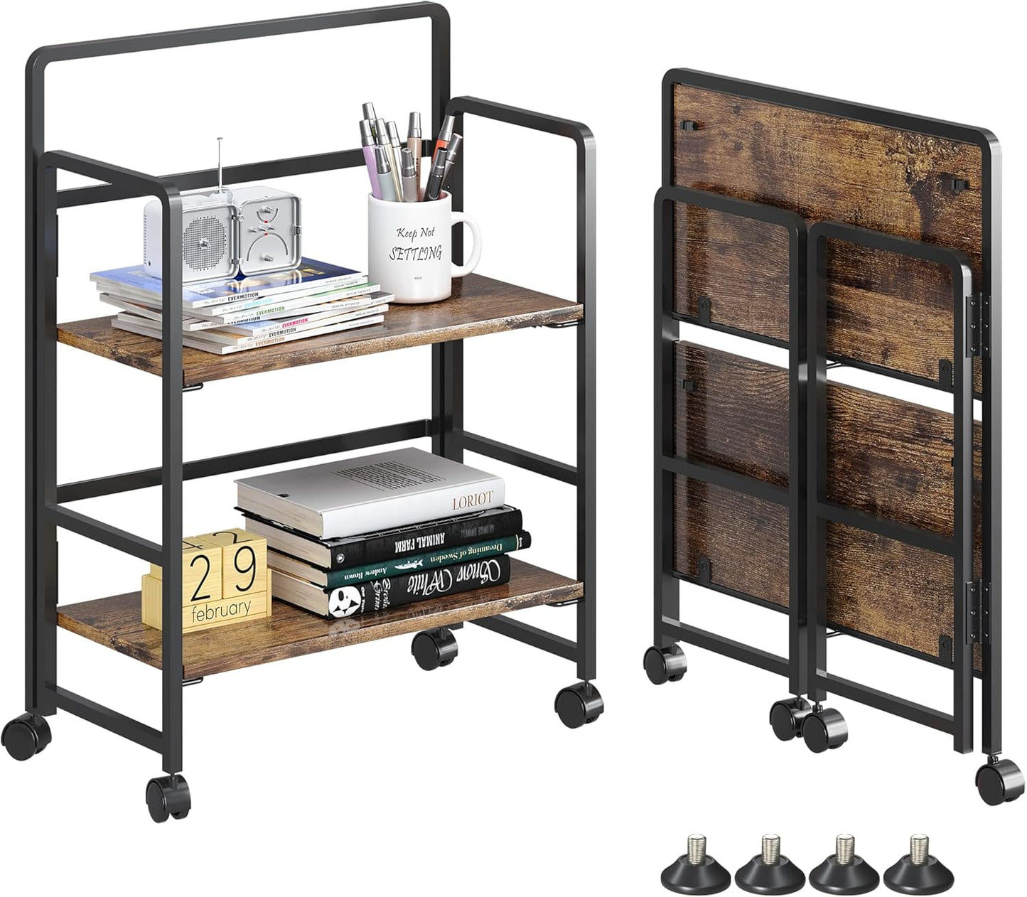 4NM 2 Tiers No-Assembly Folding Bookshelf with Wheels, Portable Rolling Storage Bookcase & Compact Side Table for Living Room, Bedroom, Kitchen, Bathroom (Rustic Brown and Black)