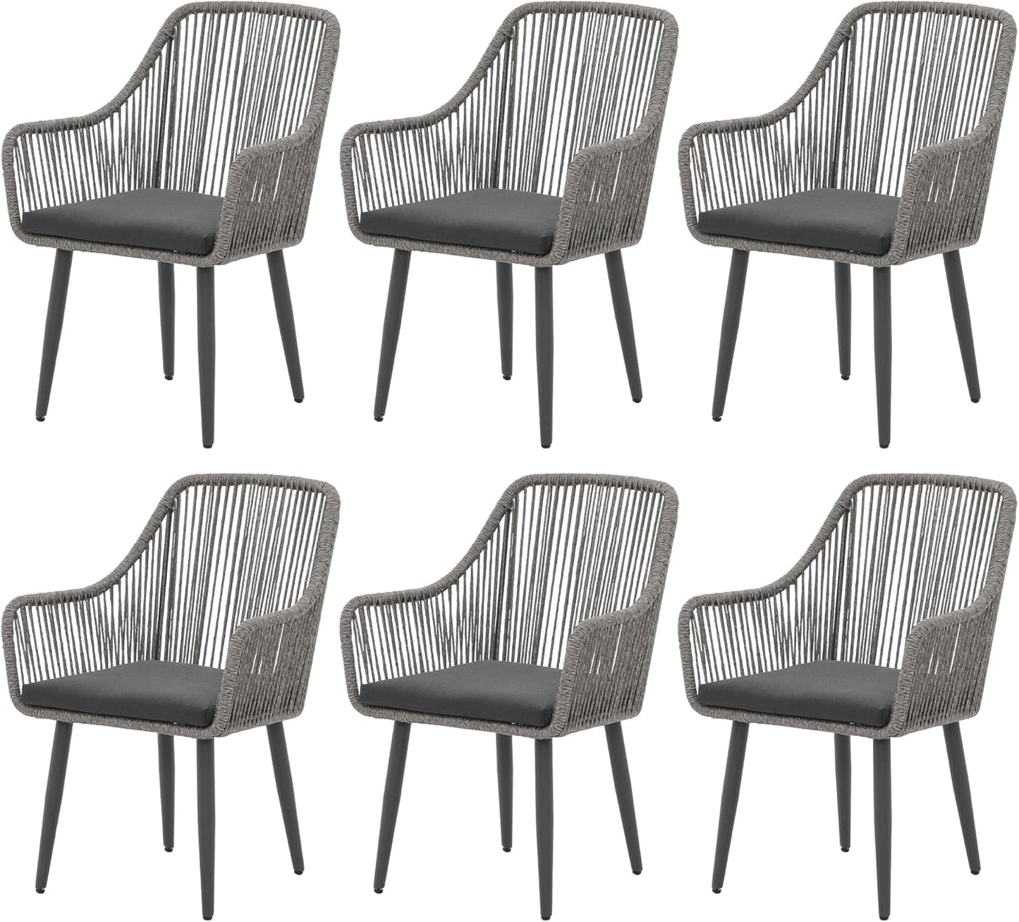 Patiorama Outdoor Dining Chairs, Patio Dining Chair Set of 6, All-Weather Woven Rope Rattan Chairs, Outdoor Dining Wicker Chairs with Armrests for Indoor Balcony Pool Backyard(Gray)