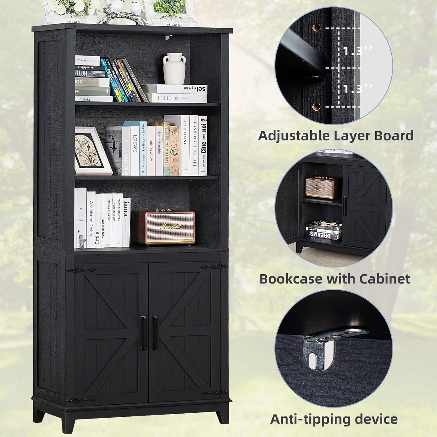 70in Tall Bookshelf 5 Tier Bookcase with Barn Doors and Adjustable Shelves, Black Farmhouse Book Shelf with Storage Cabinet, Wood Freestanding Display Bookshelves for Bedroom, Kitchen (3PCS)