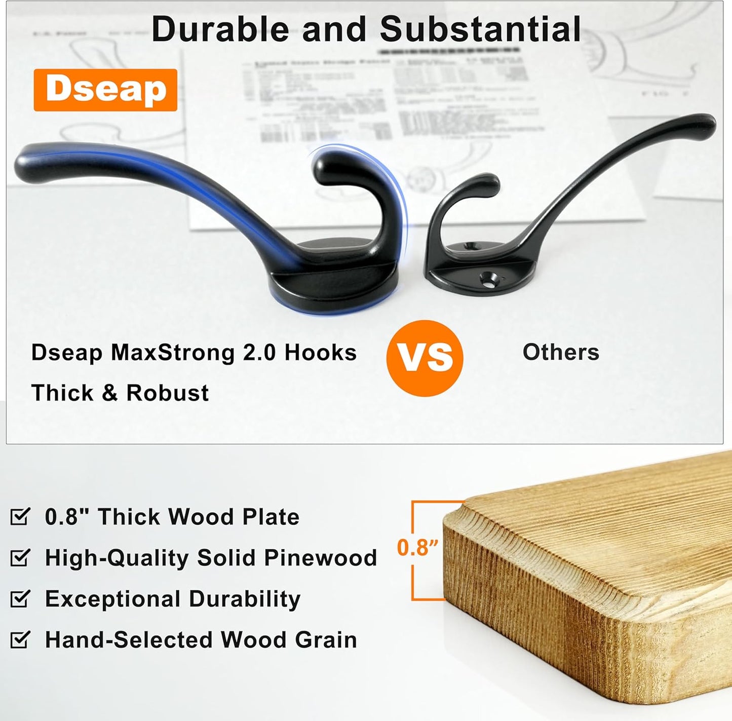 Dseap Coat Rack Wall: Patented, Heavy-Duty, 5-Double-Hooks Wooden Wall Mounted Coat Rack Coat Hanger Hook Rail for Winter Coats Hat Jacket Clothing, Weathered Blue, Pack of 2