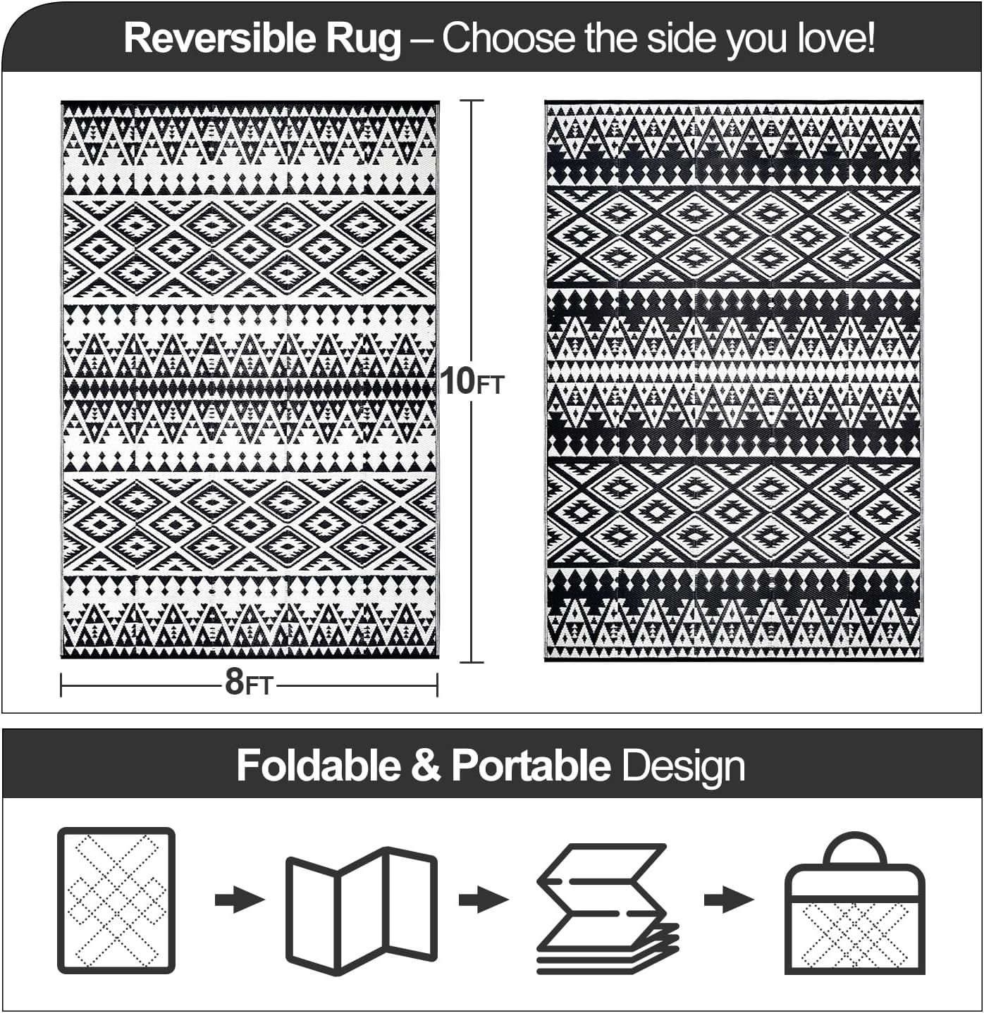 Waterproof Outdoor Rug 8x10ft, Bohemia Reversible Plastic Straw Mat for Patio RV Deck Porch Backyard Balcony Camping Picnic Beach Indoor Outdoor Carpet, Black&White