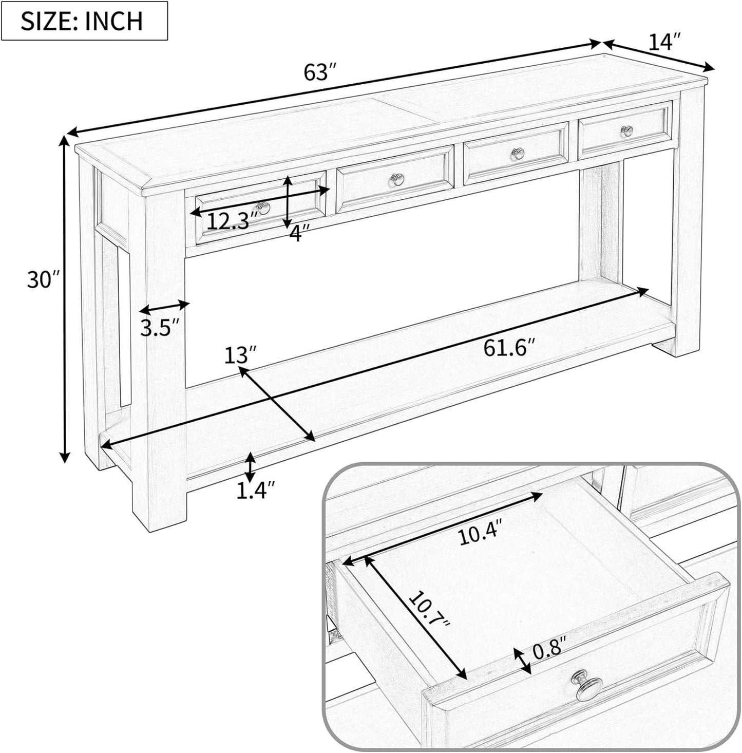White Console Table,Solid Wood Sofa Table with 4 Drawers Hallway Table for Storage Entry Foyer Behind Couch Table,Fully Assembled (63" White)