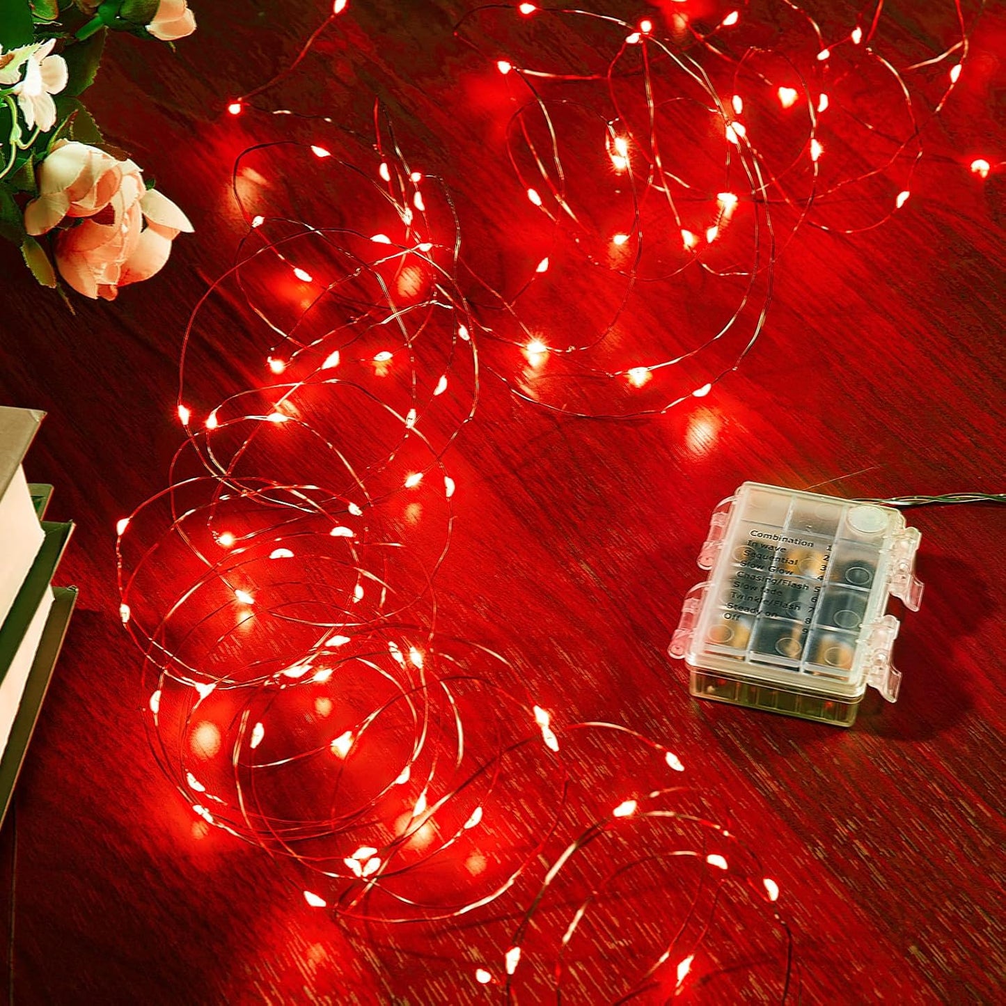 4 Pack 32.8 Ft. Battery Operated Outdoor String Lights with Remote & Timer, LED Red Fairy Lights, Waterproof Twinkle Lights for Bedroom, Dorm, Mason Jar, Wedding, Party, Christmas