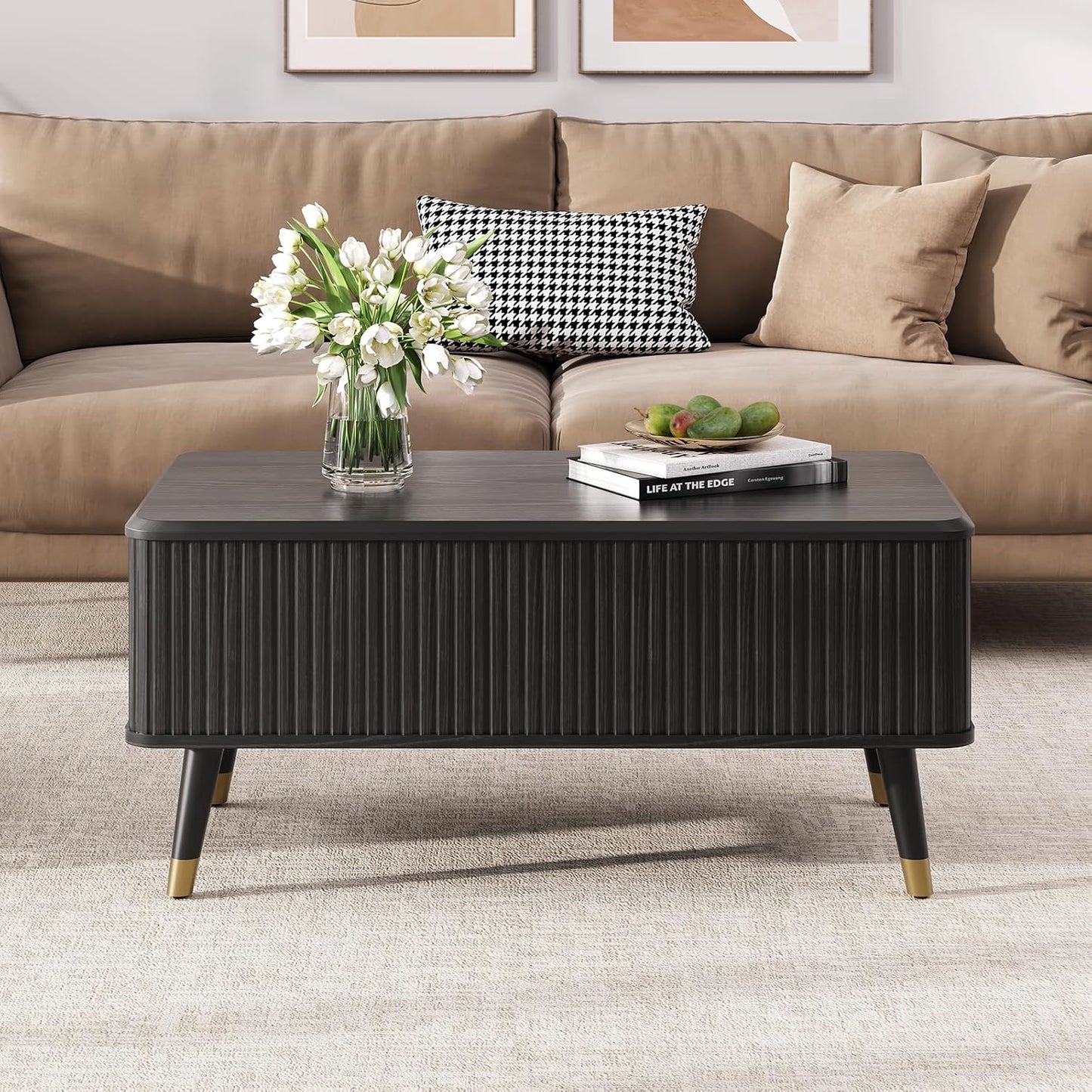 Lift Top Coffee Table with Storage Shelf & Hidden Compartment, Mid Century Modern Fluted Rectangle Dining Table for Living Room, Home Office,Black