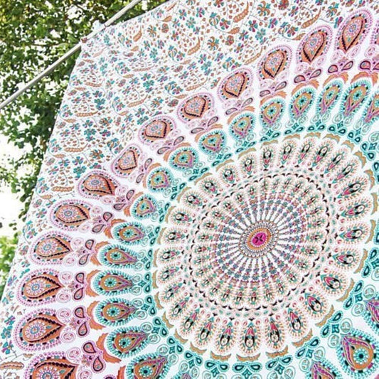raajsee Mandala Tapestry Wall HANGINGS (White Brown Mandala, Queen 210 X 220 CMS)