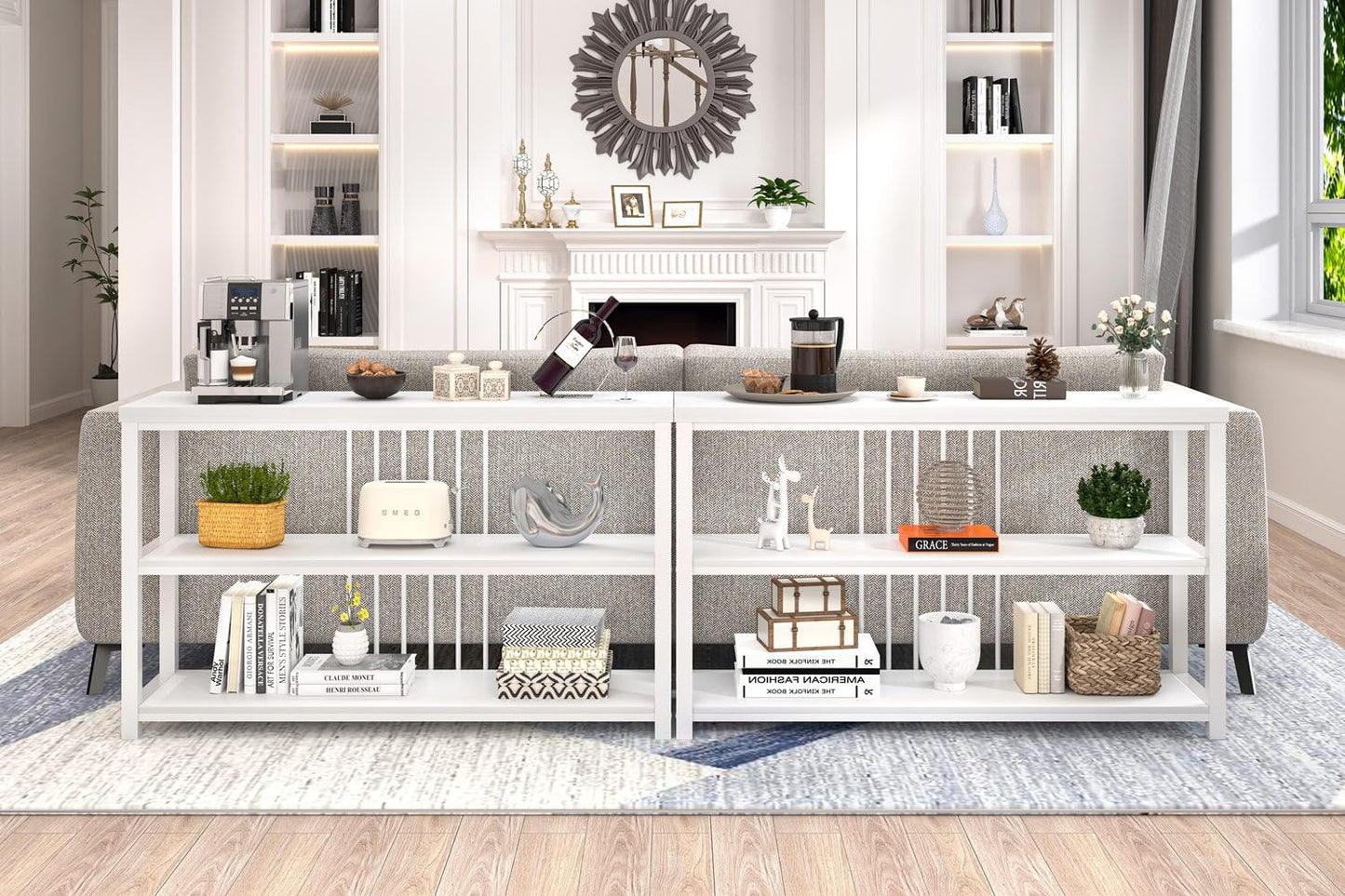 FOLUBAN Modern Sofa Console Table for Entryway, 3 Tier Wood Foyer Table for Hallway Living Room Behind Couch, White Oak