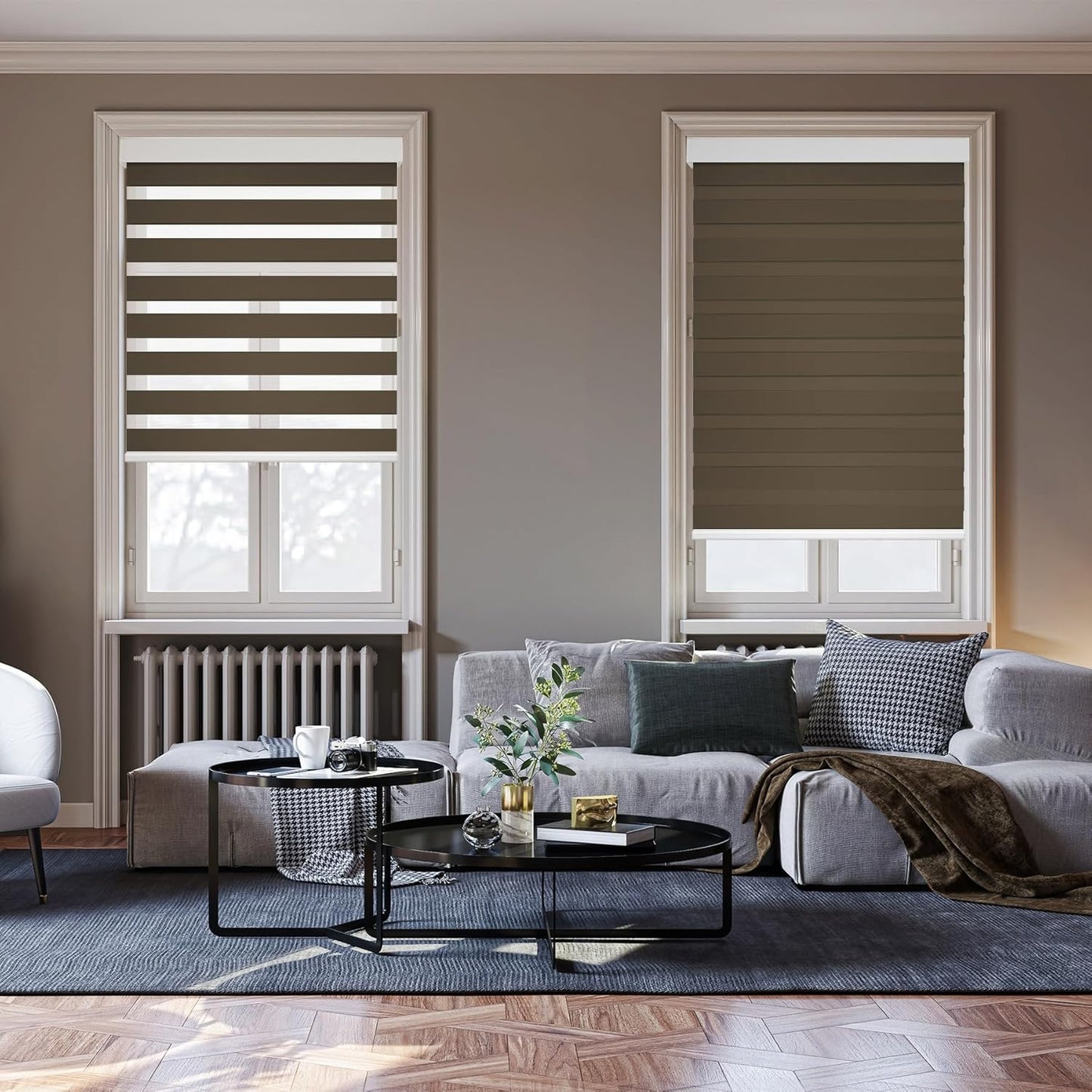 HESTIA Cordless Zebra Blinds Light Filtering Roller Shades UV Blocking Blackout Privacy Indoor Window Shades for Home Office Day and Night, Brown,44" W x 60" H