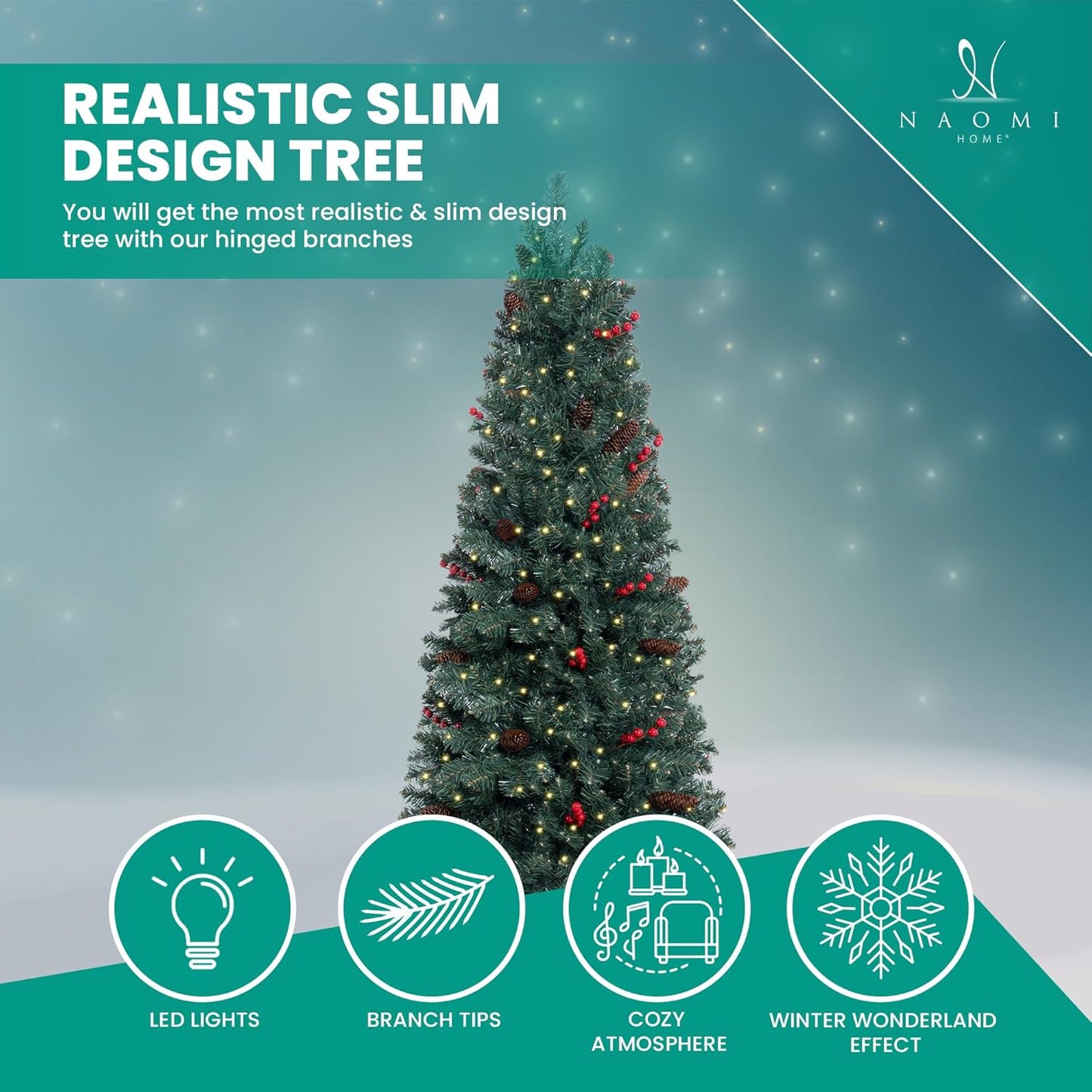 Naomi Home Belen 7.5ft Pencil Christmas Tree Prelit pre-Decorated with Pine Cones, Red Berries, 1099 Branch Tips, 350 Warm Lights and Metal Stand, 34" Wide Skinny Christmas Tree with Lights