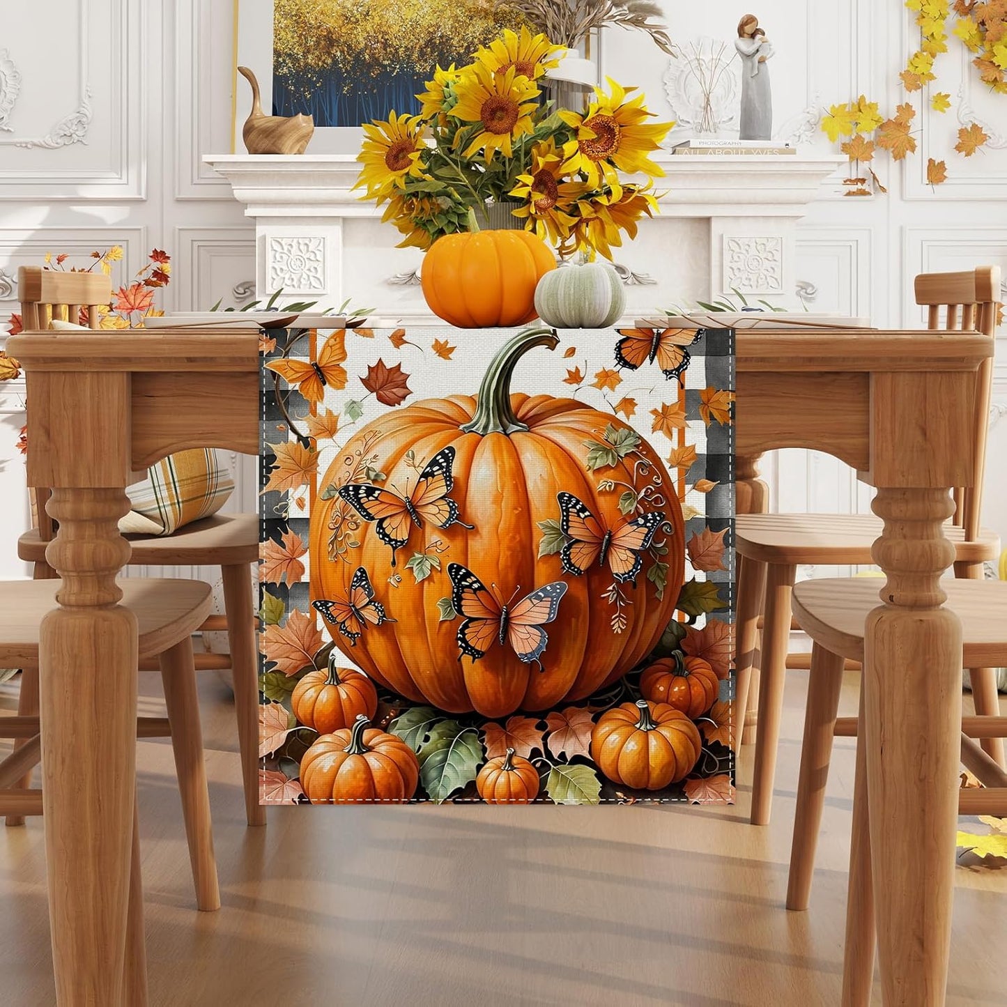 Linen Black and White Buffalo Check Plaid Fall Table Runner 48 Inches Long, Fall Leaves Pumpkin Butterfly Home Kitchen Table Decor, Farmhouse Autumn Thanksgiving Harvest Festival Decorations for Home