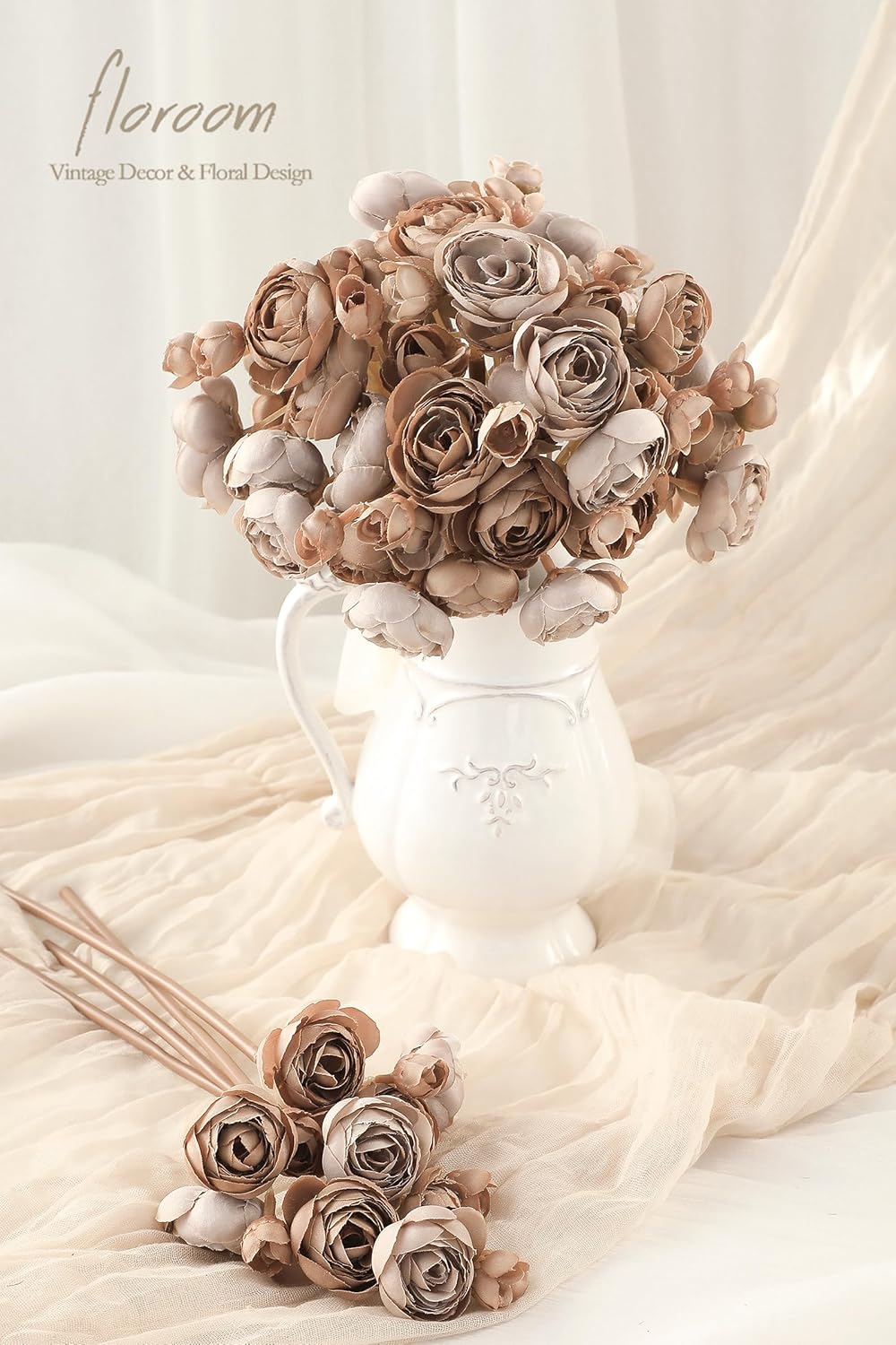 Floroom Ranunculus Artificial Flowers 18 Pcs Taupe Brown Faux Silk Mini Ranunculus Bulk Fake Wedding Filler Flowers for DIY Bouquets, Centerpieces, Bridal Shower Decorations & Arrangements