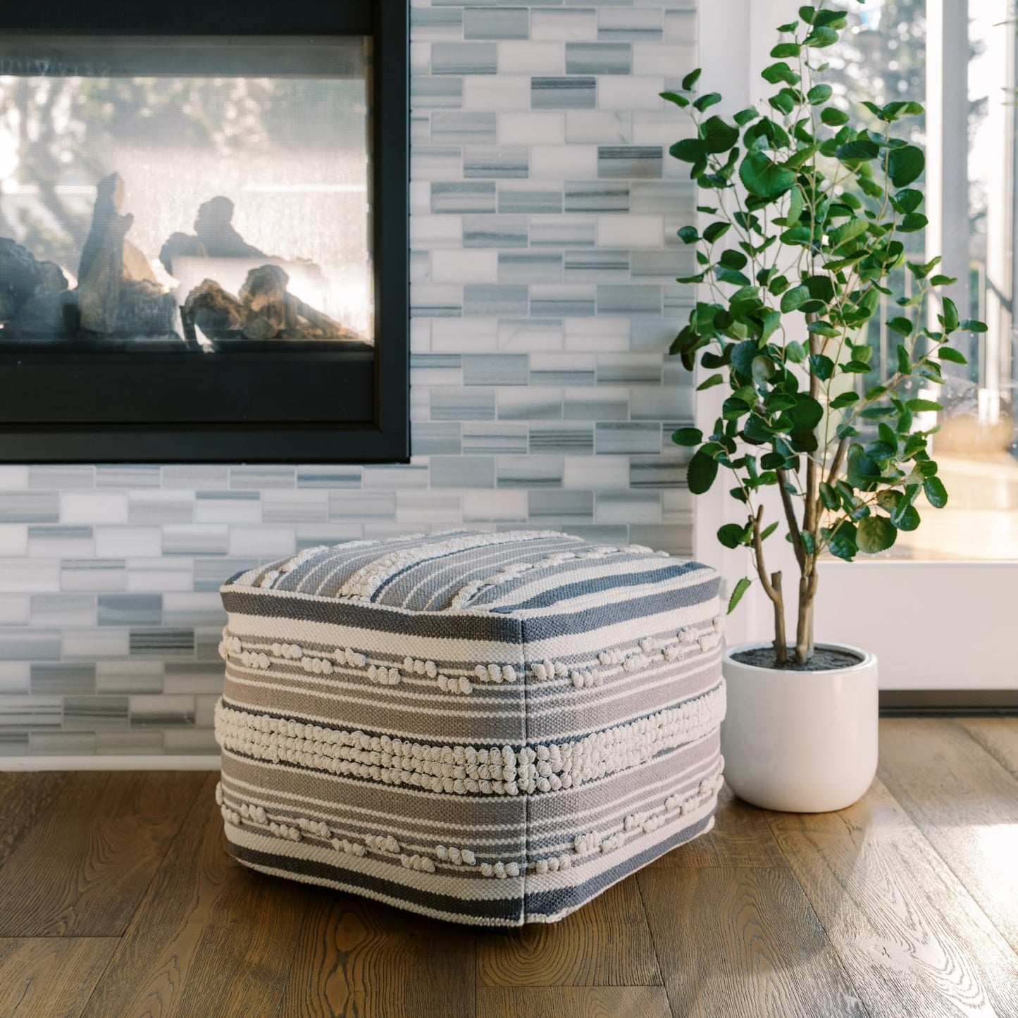 Pouf Ottoman, Square Hand Woven Loop and Striped Ottoman Pouf for Living Room or Bedroom, Floor Chair, Foot Rest or Decorative Home Decor