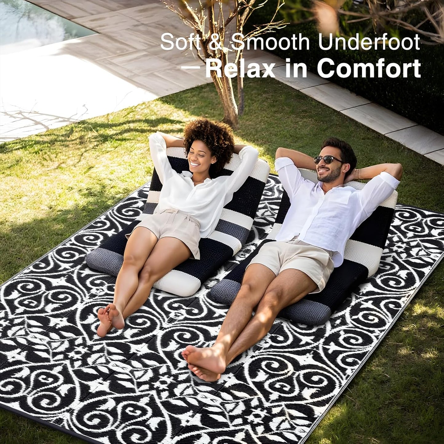 OLANLY Outdoor Rug Waterproof 9x12 ft Clearance, Reversible Outdoor Plastic Straw Rug with Floral Pattern, RV Mat for Patio, Camping, Balcony, Deck, Backyard, Black & White