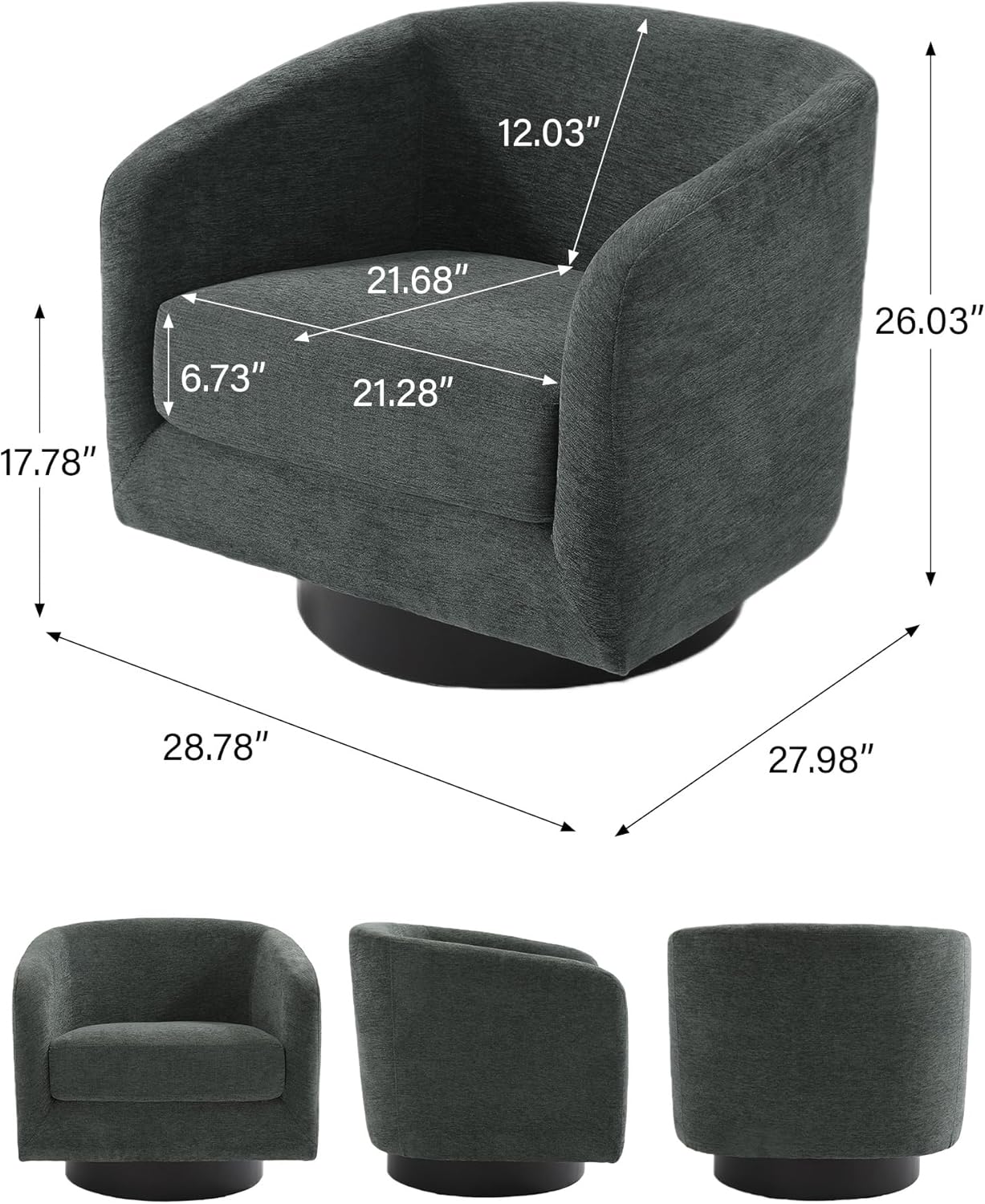Swivel Barrel Accent Chair, Modern Round Chenille Fabric Arm Chair for Living Room, Bedroom, Comfy Club Reading Chairs for Adults（Chenille Fabric, Grey, Set of 2