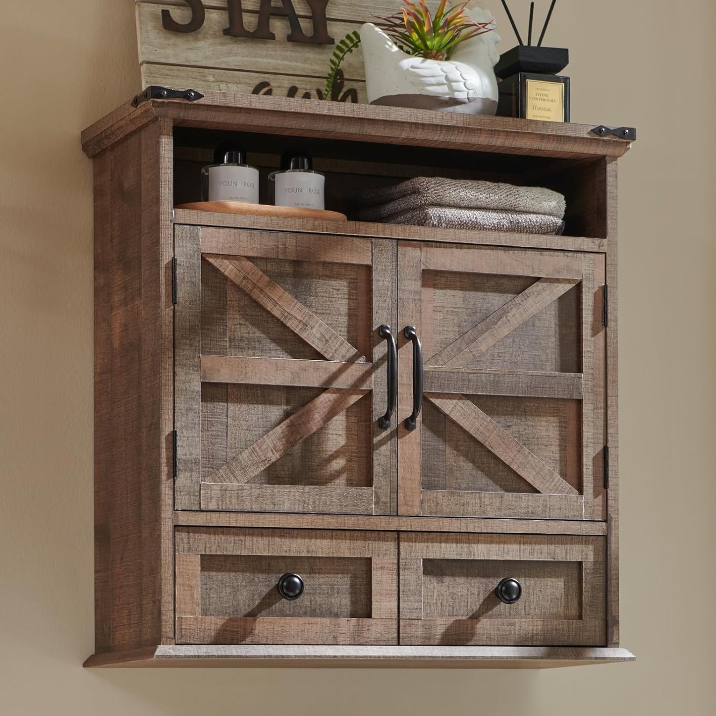 Bathroom Wall Cabinet, Farmhouse 24" Wide Medicine Cabinet with Drawer, Adjustable Shelf, Double Barn Doors, Storage Cabinets for Bathroom, Kitchen, Living Room, Rustic Brown