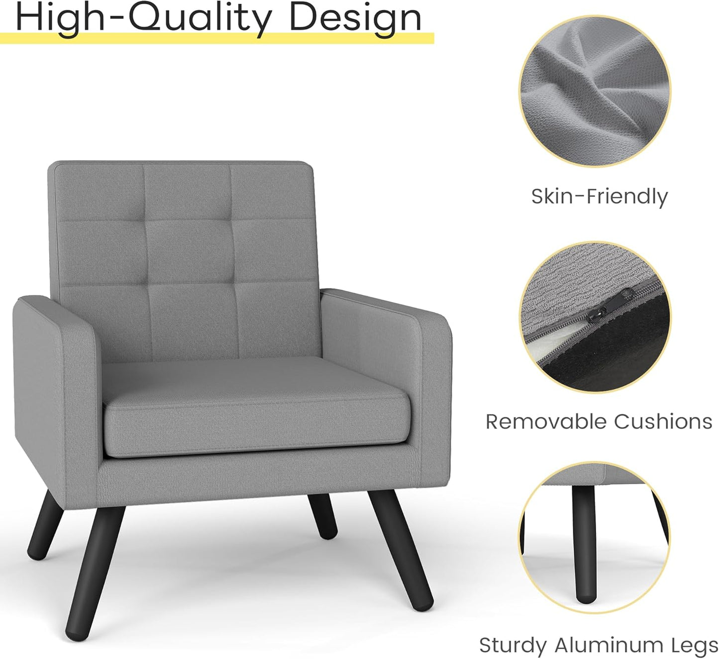 Kromax Mid-Century Modern Accent Chair for Living Room, 496 Lb. Weight Capacity, Dual Armrests, Comfy Extra Large Seat, Timeless Style Perfect for Reading & Relaxing, Light Grey
