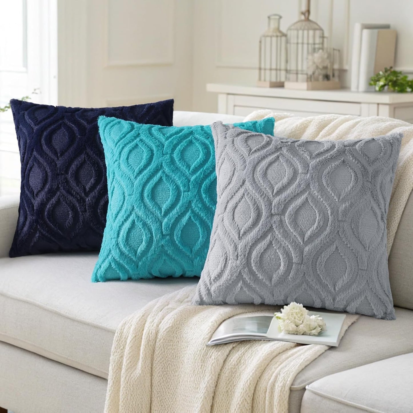 decorUhome Fall Throw Pillow Covers 26x26 Inch Set of 2, Soft Plush Decorative Faux Fur Navy Blue Solid Couch Pillow Covers, Accent Farmhouse Neutral Square Euro Pillow Cases for Sofa Bed Living Room