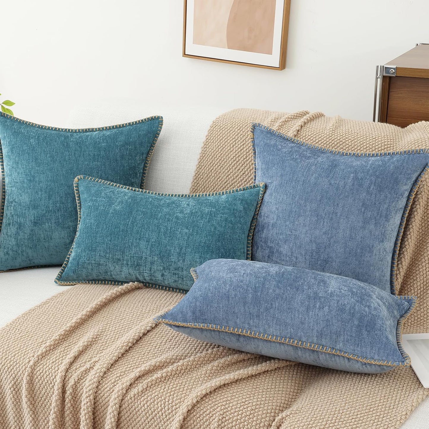 decorUhome Chenille Soft Throw Pillow Covers 12x20 Set of 2, Lumbar Velvet Farmhouse Neutral Decorative Euro Pillow Covers with Stitched Edge for Couch Sofa Bed Home Decor, Blue