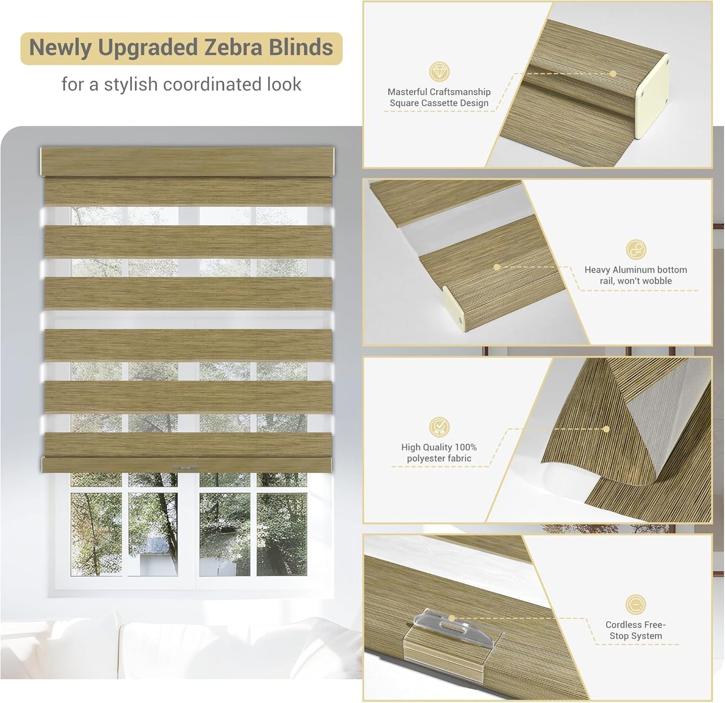 Cordless Zebra Blinds for Windows, Blackout Interior Blinds,Easy to Install,UV Protection,for Offices and Home,Custom Roller Shades, Mousse Light Bown,22" W x 64" H