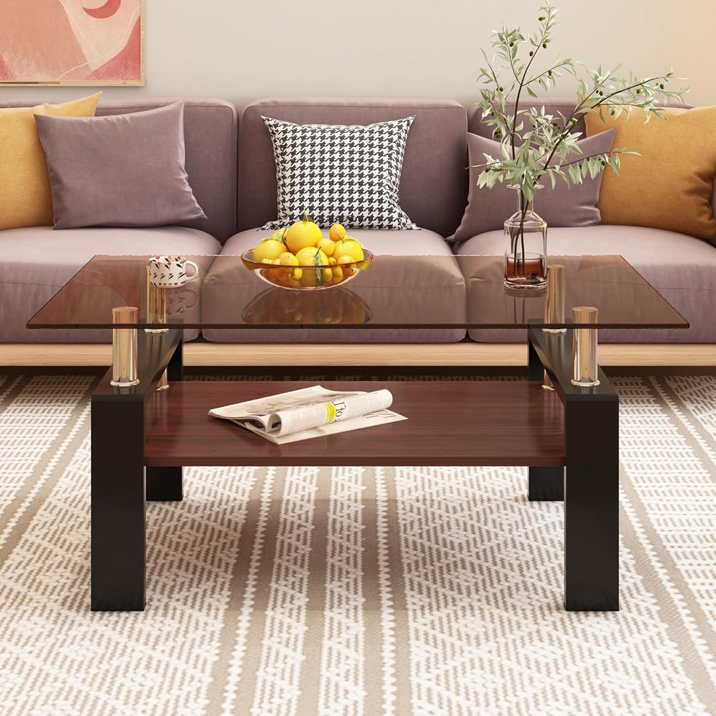 39" Brown Glass Coffee Table Walnut Modern Living Room Center Table Rectangle, with Wooden MDF Storage Layer, Black Metal Leg, for Small Apartment and Office, Brown