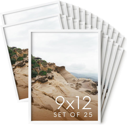 HAUS AND HUES 9x12 White Metal Picture Frames - Features Premium Aluminum, Vertical & Horizontal Hang, Shatterproof Plexiglass - Perfect for Home, Room, Office (9x12 in, White, Set of 25)