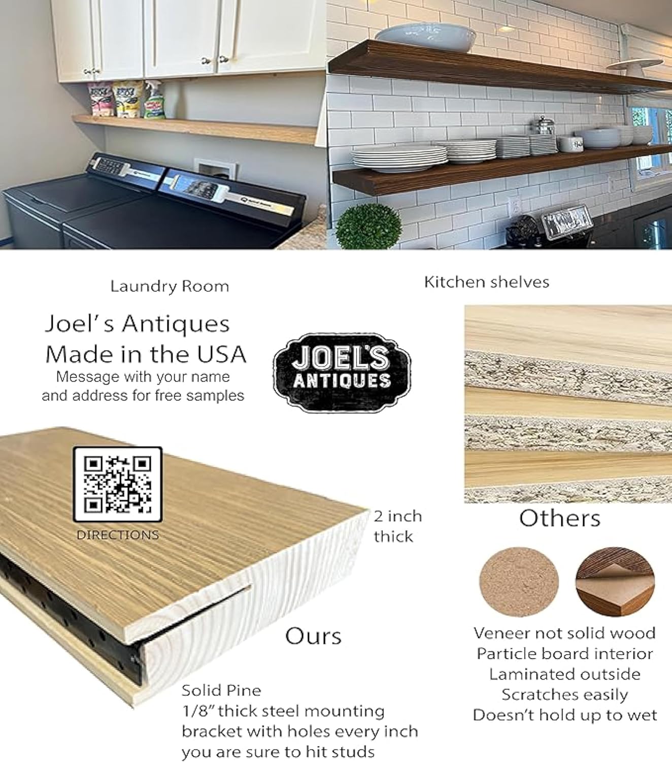 joelsantiques - 48 Inch Wooden Floating Shelves for Wall - 48x6x2 in - Made of Natural Wood - Long Heavy Duty Rustic Wall Shelves for Bedroom - Perfect for Living Room, Kitchen - Medium Brown