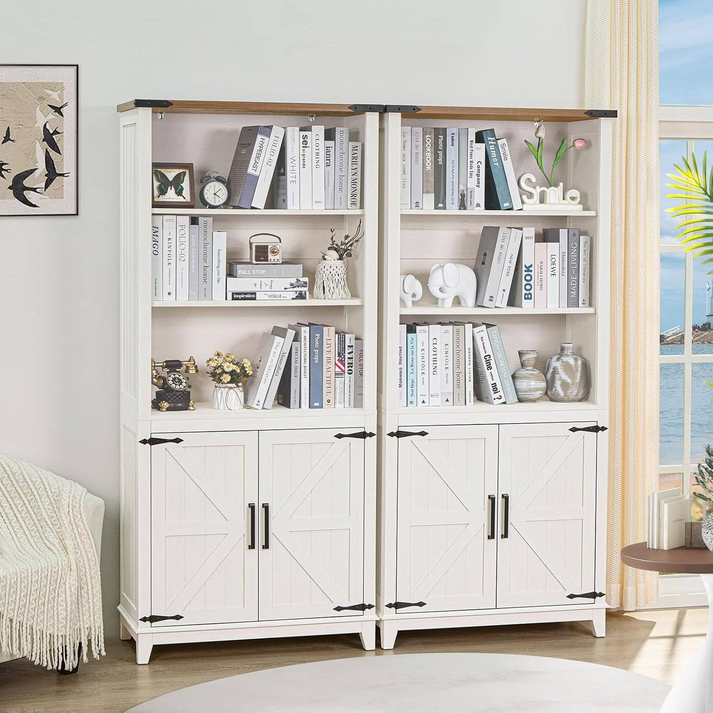 70in Tall Bookshelf 5 Tier Bookcase with Barn Doors and Storage Cabinet, White Farmhouse Book Shelf with Adjustable Shelves, Wood Freestanding Display Bookshelves for Bedroom, Kitchen (3PCS)