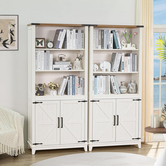 5 Tier Bookshelf 70in Tall Bookcase with Barn Doors and Storage Cabinet, White Farmhouse Book Shelf with Adjustable Shelves, Wood Freestanding Display Bookshelves for Bedroom, Kitchen (2PCS)