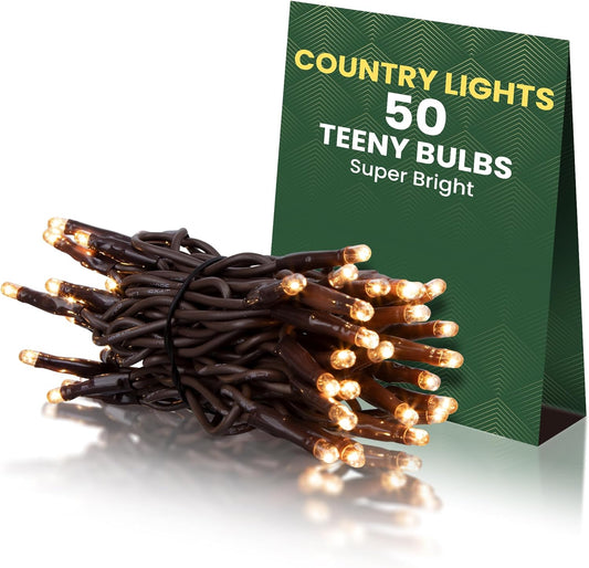 Teeny Lights 50Ct Brown - Warm Mini Bulbs with Brown Cord - Indoor/Outdoor Water-Resistant Farmhouse String Lights for Patio, Wedding, Home Decor, Rustic Christmas