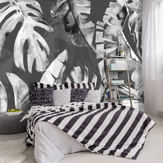 -Tropical Botanical Grey Banana Leaf Fabric Wallpaper Living Room Bedroom Bathroom Plant Large Wall Mural- 137"x96"（ not Peel and Stick）