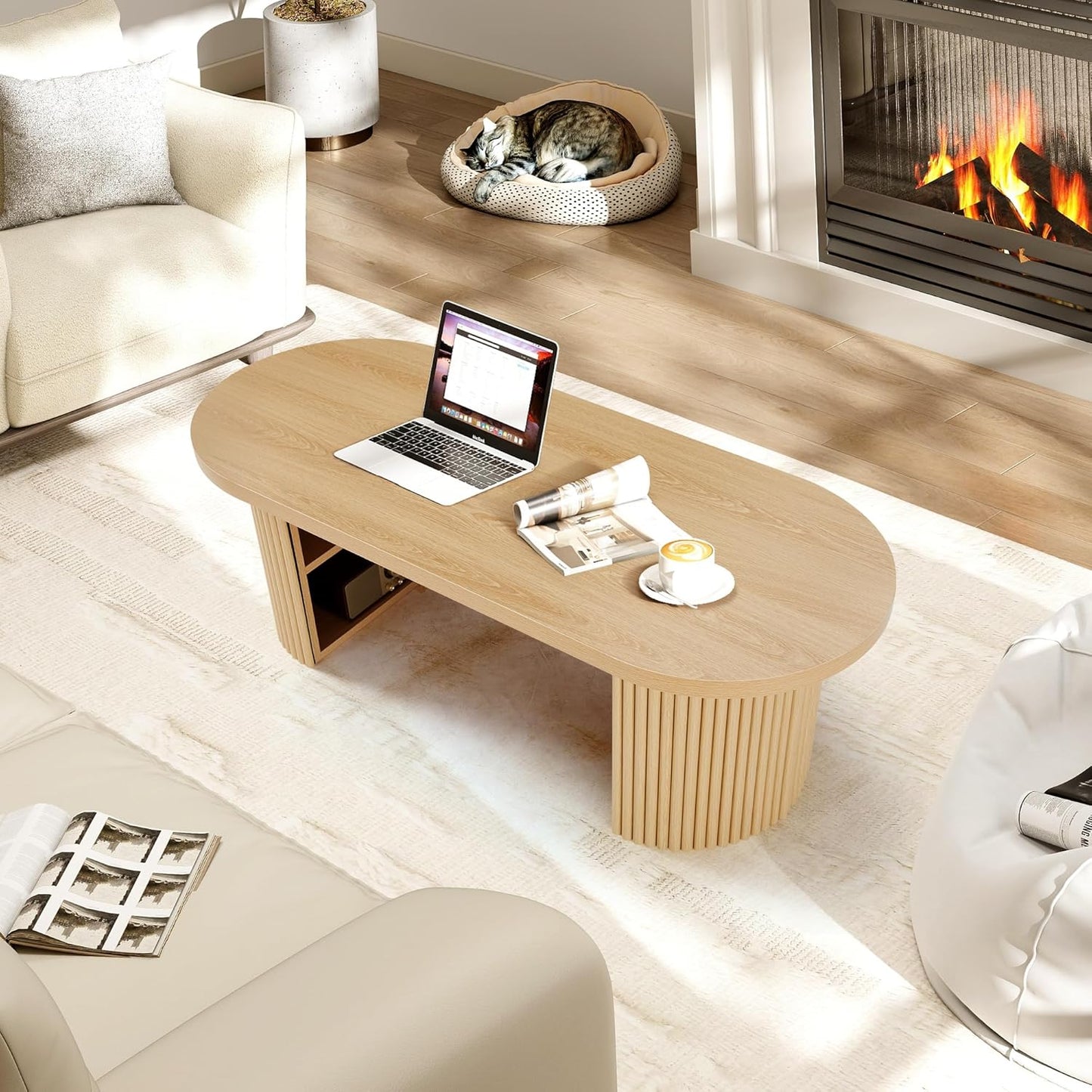 Oval Fluted Coffee Table, 47" Farmhouse Wood Coffee Table Mid Century Modern Center Table Boho Living Room Tables for Living Room Office,Natural