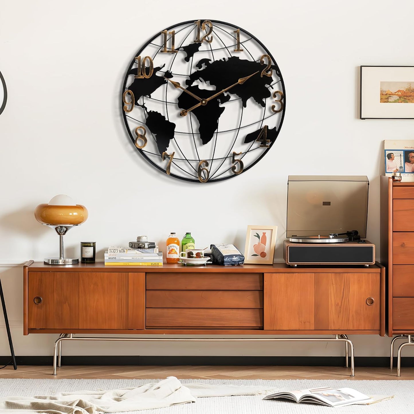 Large Round Metal World Map Clock - 16 Inch Minimalist Modern Silent Non-Ticking Battery Operated Wall Clock for Living Room, Kitchen, Office, Farmhouse Home Decor